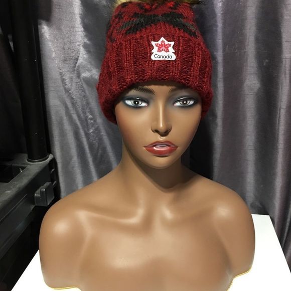 Canada Red Black Pom Pom Beanie One Size Wool Blend - Picture 7 of 12